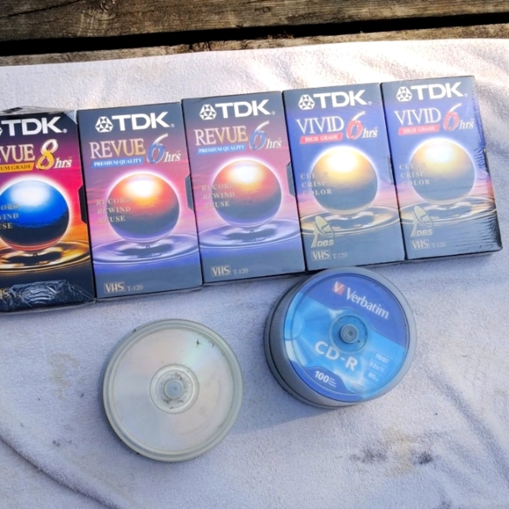 A bunch of empty video tapes  cd-r vhs